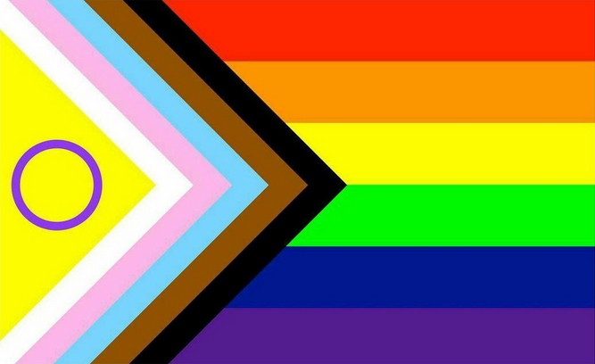 the progress pride flag; multiple triangles on the left layered on each other pointing right, starting with a triangle colored with the intersex flag, followed by white, pink, blue, brown and black triangles. Under the triangles is the rainbow flag, it contains stripes of red, orange, yellow, green, blue and purple.